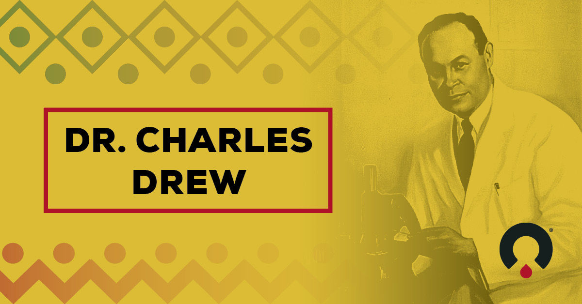 OneBlood graphic of Dr. Charles Drew with lab equipment. The graphic reads, “Dr. Charles Drew”
