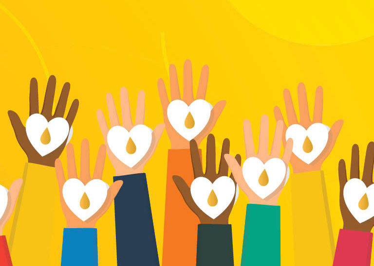 Multiple diverse hands raised, each holding a heart with a yellow blood drop symbolizing blood donations