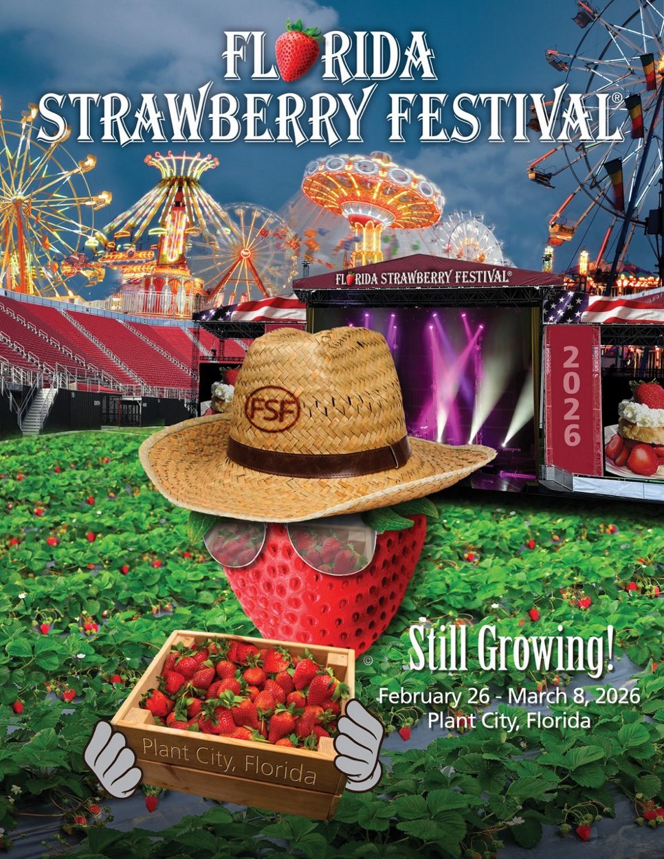 The 2026 Florida Strawberry Festival runs from February 26 through March 8 in Plant City, FL. 