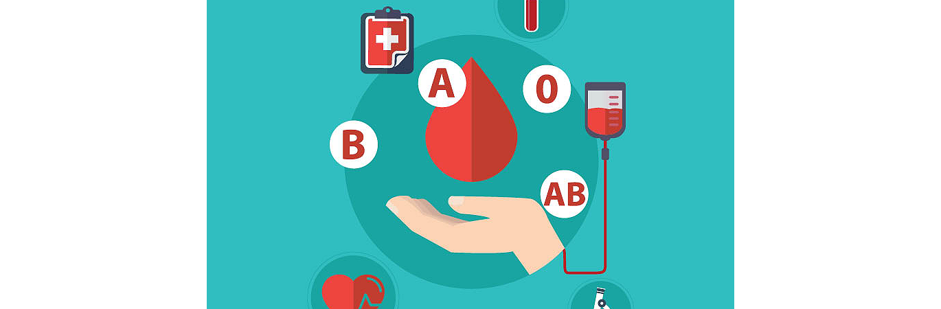 Graphic of a hand holding a blood drop surrounded by different blood types and blood donation icons