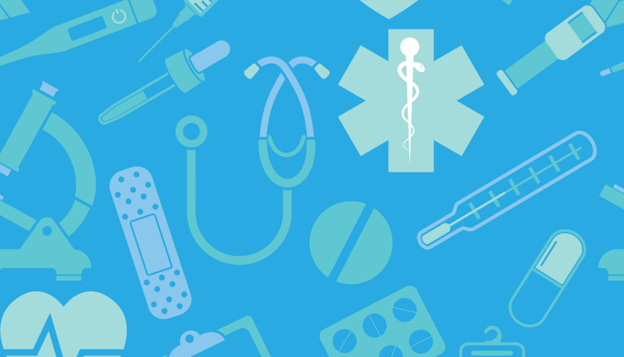 Blue graphic of various medical and healthcare icons