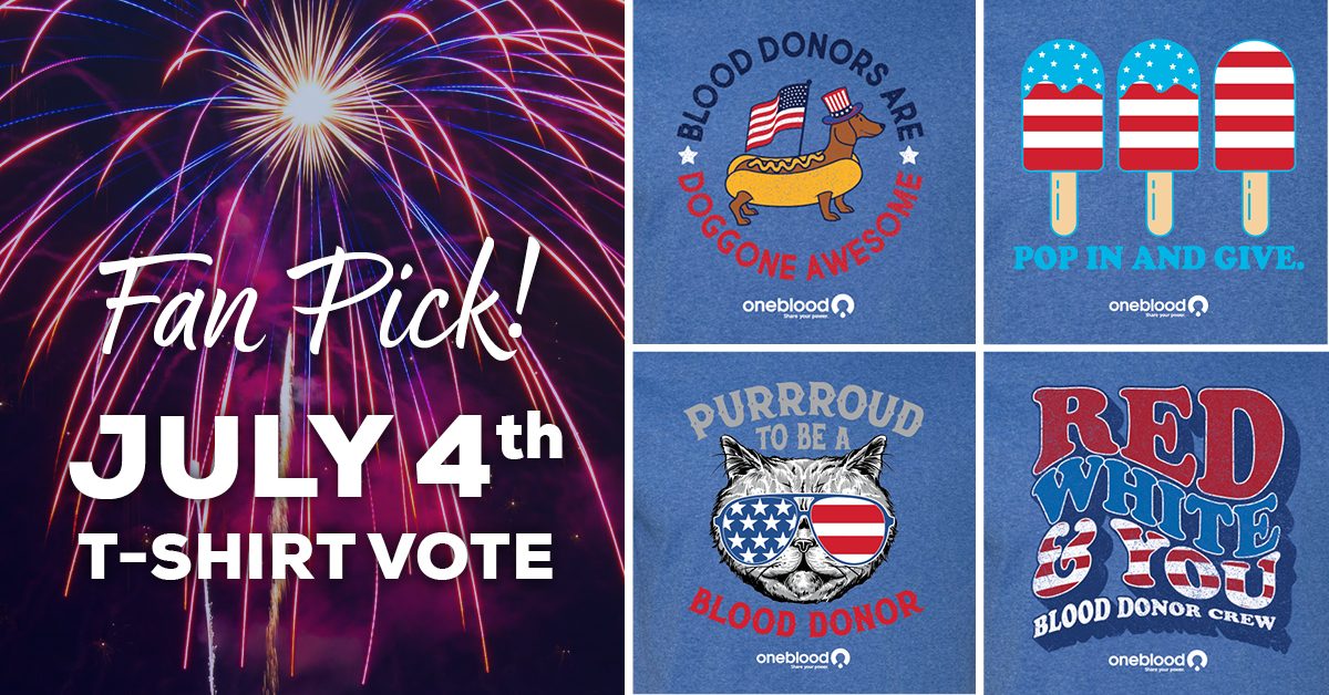 Four T-shirt designs in the 2024 OneBlood Fourth of July T-shirt Poll