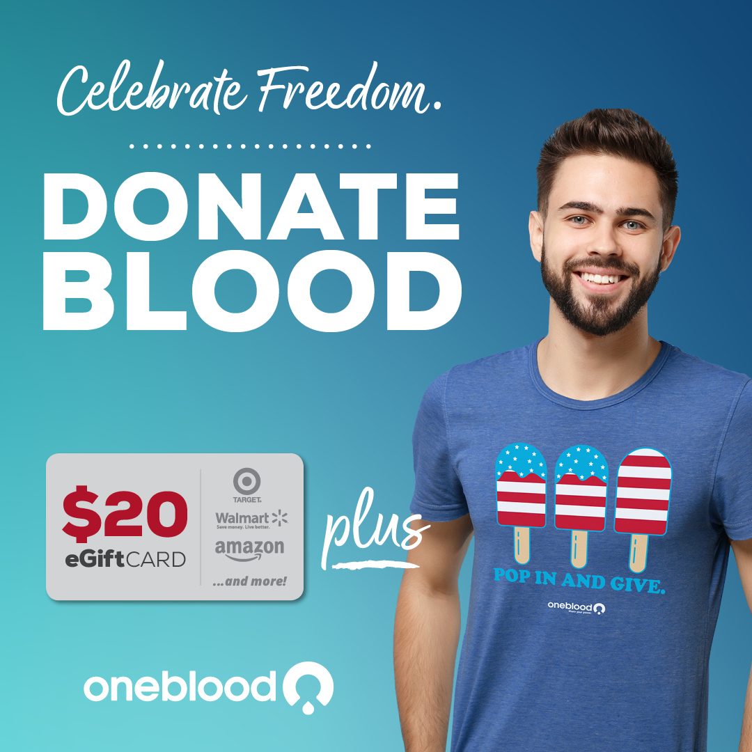 Blood donor wearing the 2024 OneBlood Fourth of July T-shirt, next to a Free $20 eGift Card