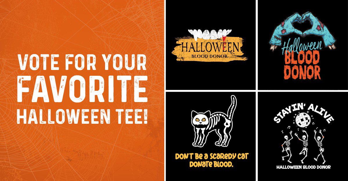 Graphic of four T-shirt designs for the 2024 OneBlood Halloween T-shirt poll