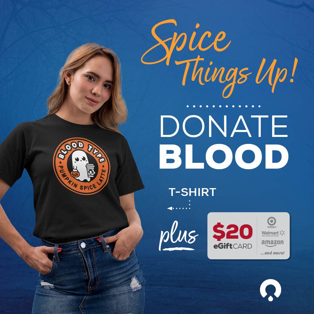 Blood donor wearing the 2025 OneBlood Halloween T-shirt, next to a Free $20 eGift Card.