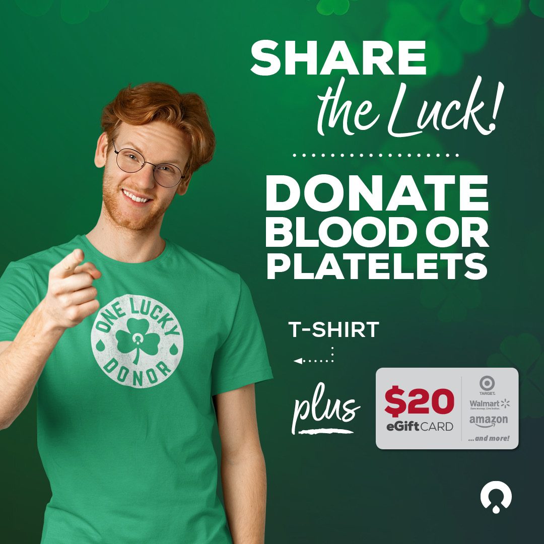 Male model wearing the 2026 OneBlood St. Patrick's Day T-shirt next to a graphic of a $20 eGift Card