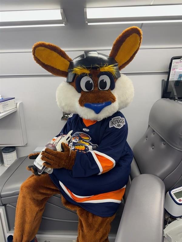 Stomper, the official mascot of the Greenville Swamp Rabbits, at a Big Red Bus blood drive. 
