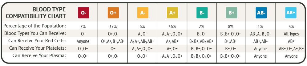 A OneBlood blood type compatibility chart detailing the percentage of the population who has each of the blood types, the blood types you can receive, who can receive your red cells, who receive your platelets, and who can receive your plasma. 