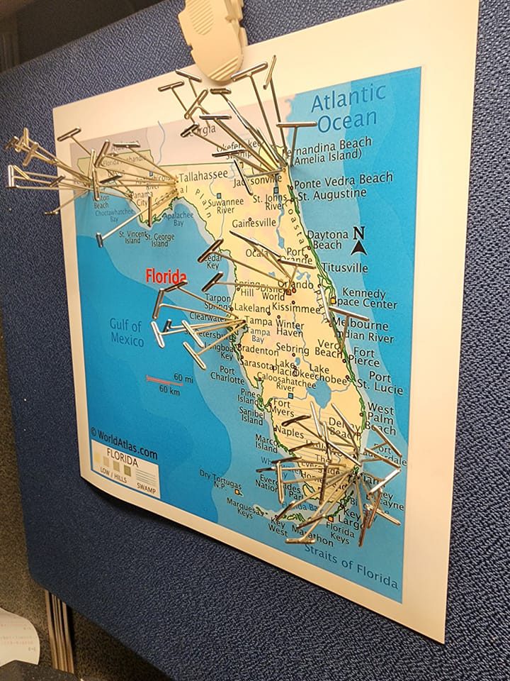 Map of florida with pins in cities corresponding to locations where platelet donations have been sent. My oneblood journey program tells donors where their donations go. 