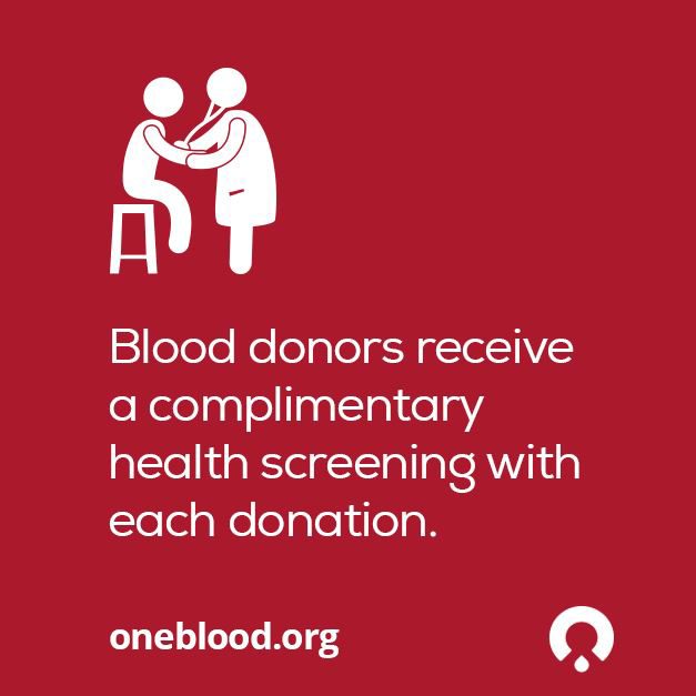 OneBlood Graphic that reads, “blood donors receive a complimentary health screening with each donation.”