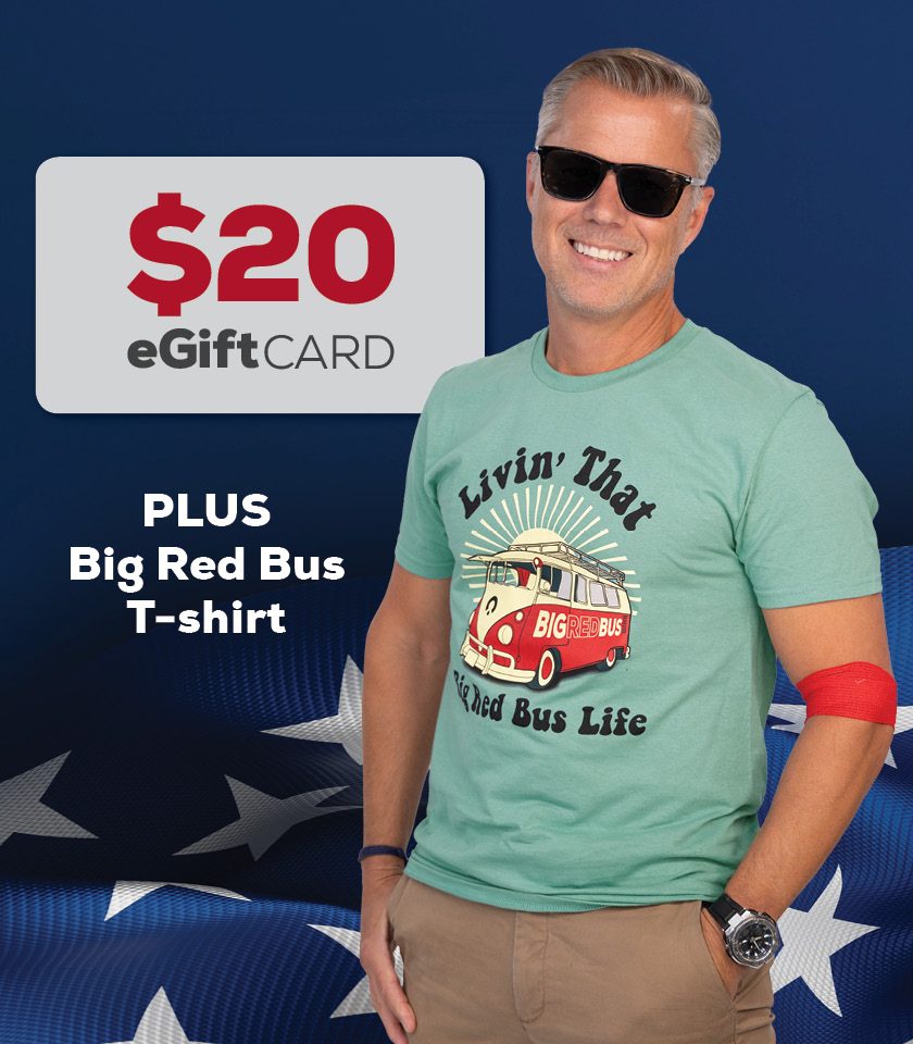 A oneblood incentive offering a $20 eGift card and big red bus t-shirt
