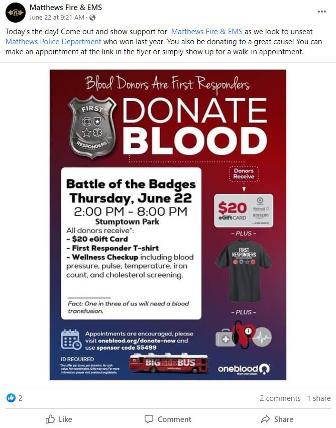 Screenshot of a social media post for a Matthews Police and Fire Departments OneBlood Blood Drive on June 22, 2023