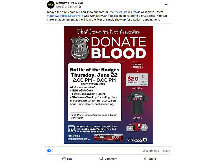 Screenshot of a social media post for a Matthews Police and Fire Departments OneBlood Blood Drive on June 22, 2023