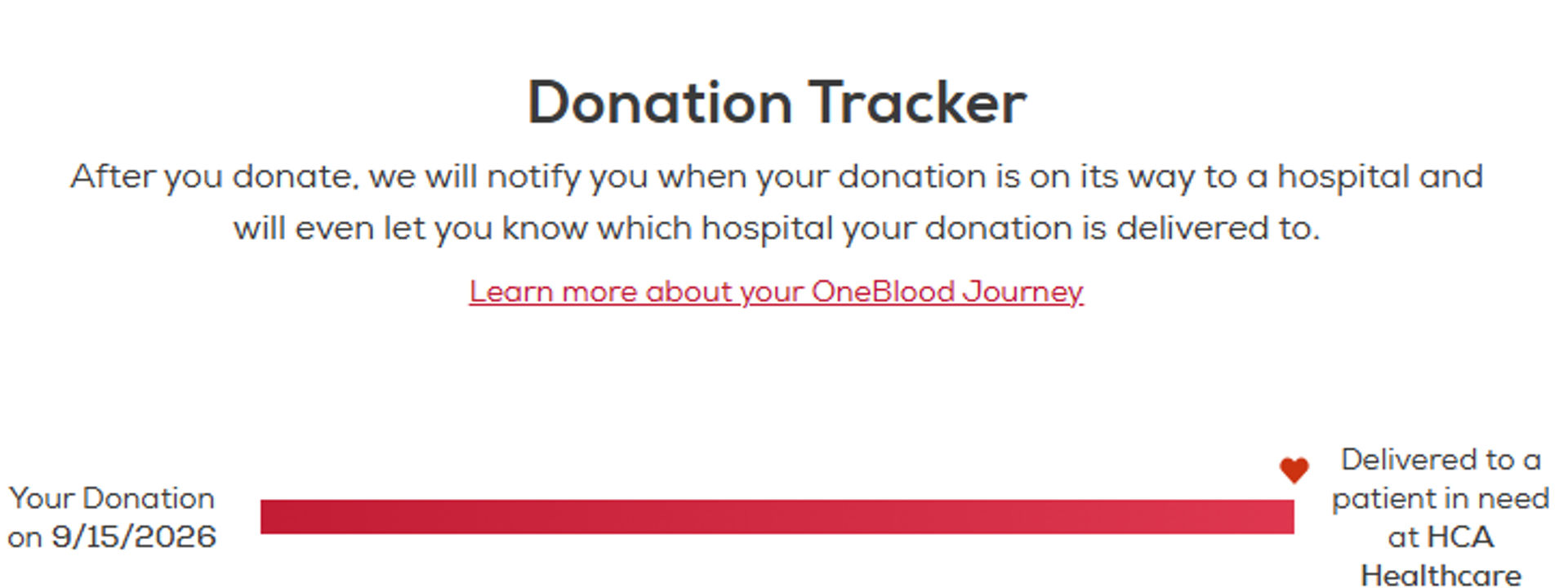 Screenshot of the My OneBlood Journey Tracker in the OneBlood Donor Portal