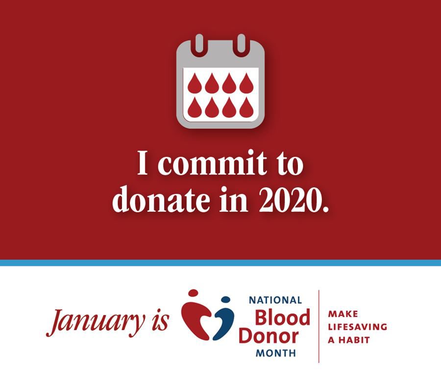 January is National Blood Donor Month graphic stating ‘I commit to donate in 2020.’