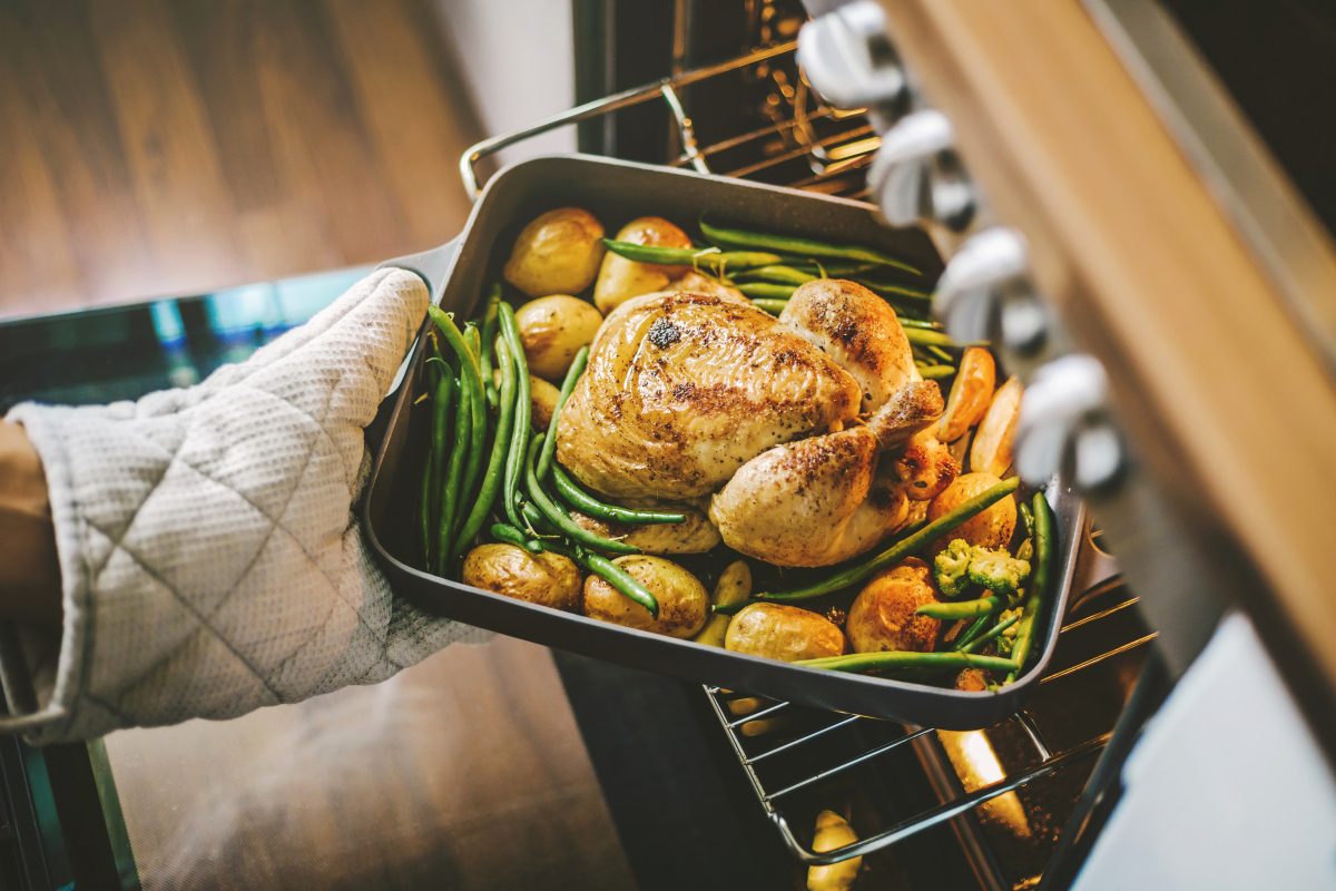 An oven-roasted chicken with vegetables, healthy low cholesterol protein alternatives