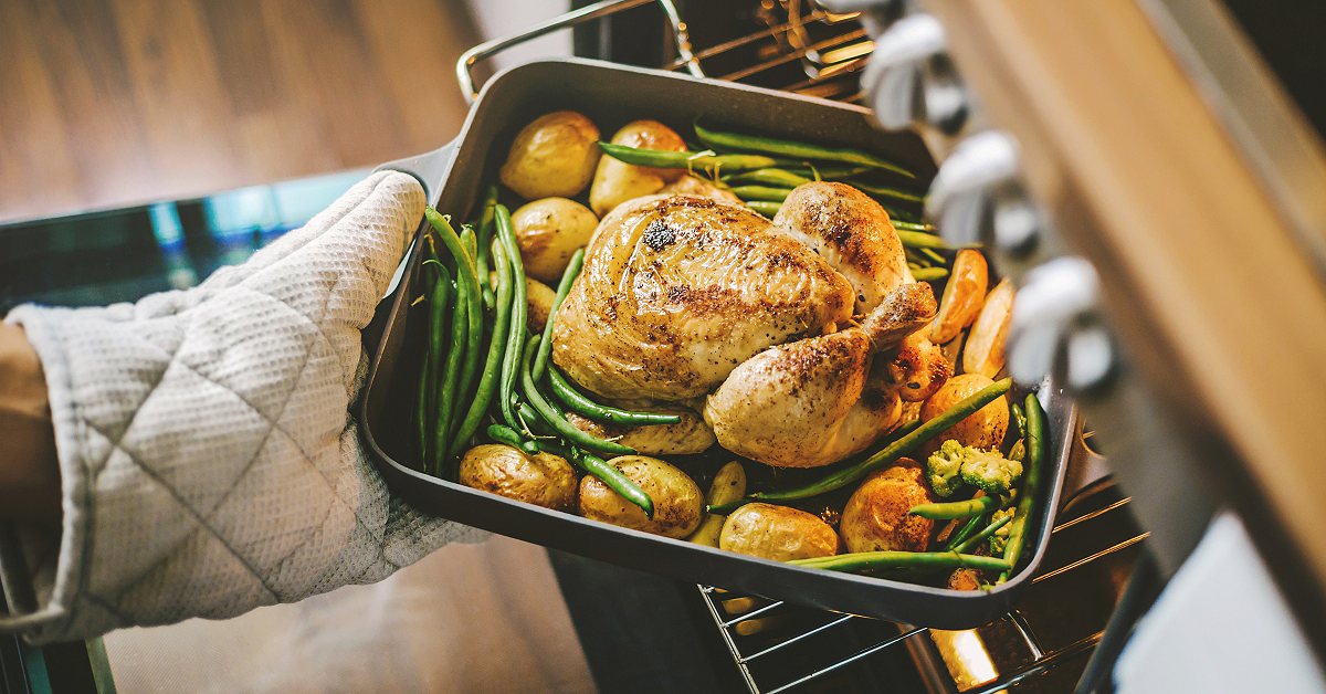 An oven-roasted chicken with vegetables, healthy low cholesterol protein alternatives