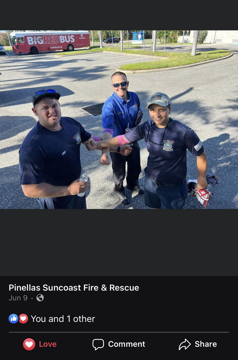 Screenshot of a social media post for a Pinellas Suncoast Fire & Rescue OneBlood Blood Drive on June 9, 2023