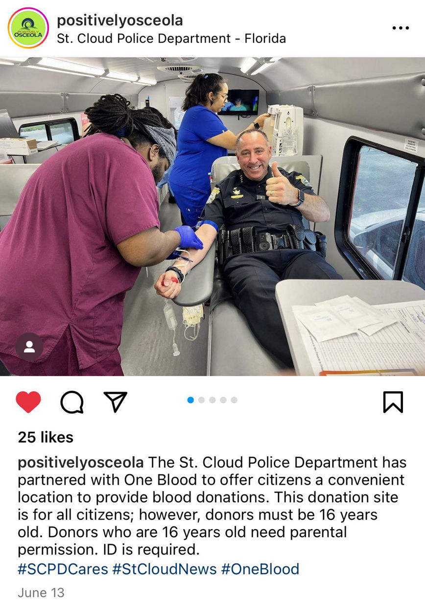Screenshot of a social media post for a St. Cloud Police Department OneBlood Blood Drive on June 13, 2023