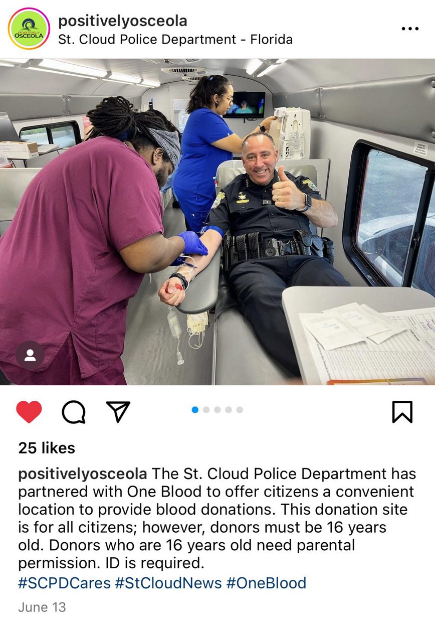 Screenshot of a social media post for a St. Cloud Police Department OneBlood Blood Drive on June 13, 2023