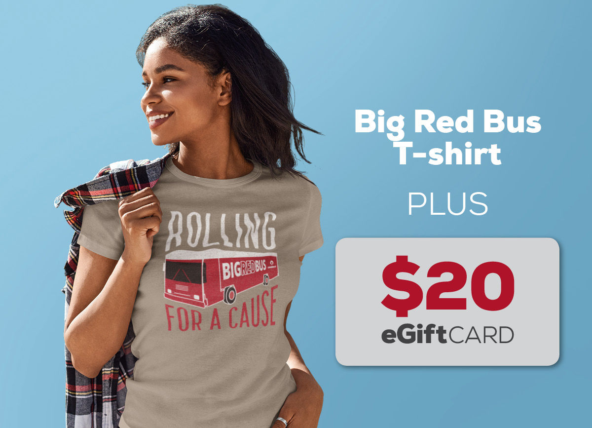 woman wearing the Big Red Bus T-shirt plus a $20 eGift card image