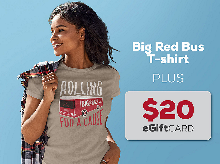 woman wearing the Big Red Bus T-shirt plus a $20 eGift card image