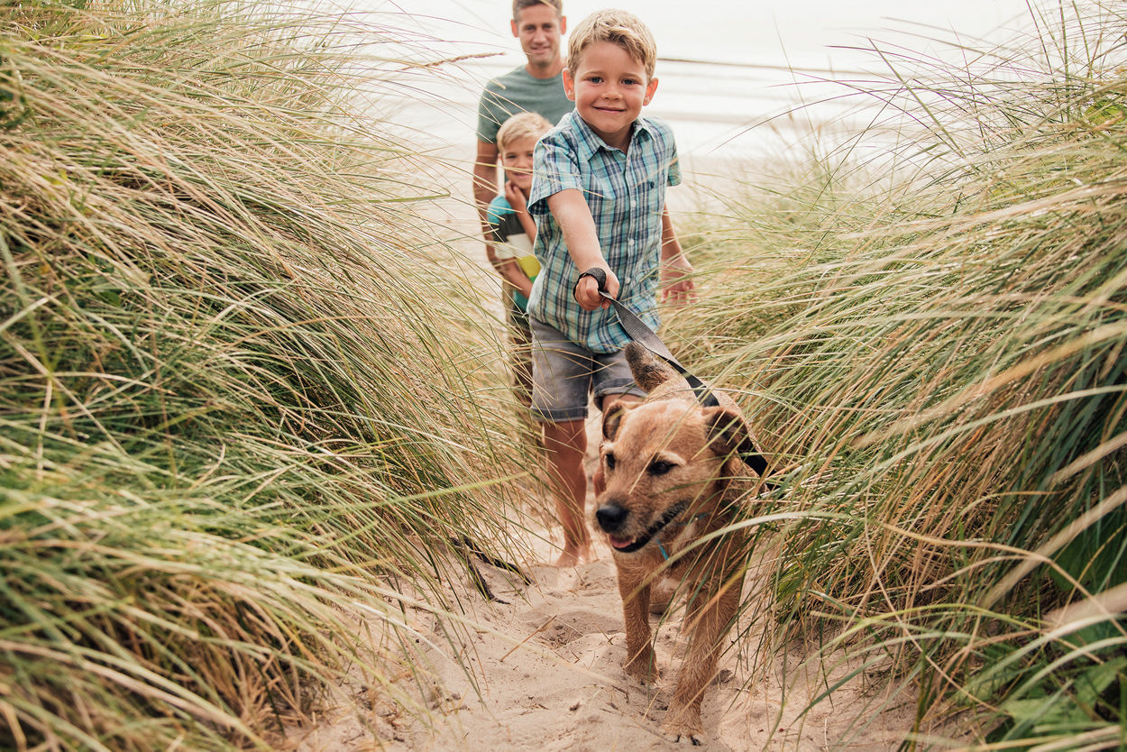 Little boy and his family walking the dog through sand dunes