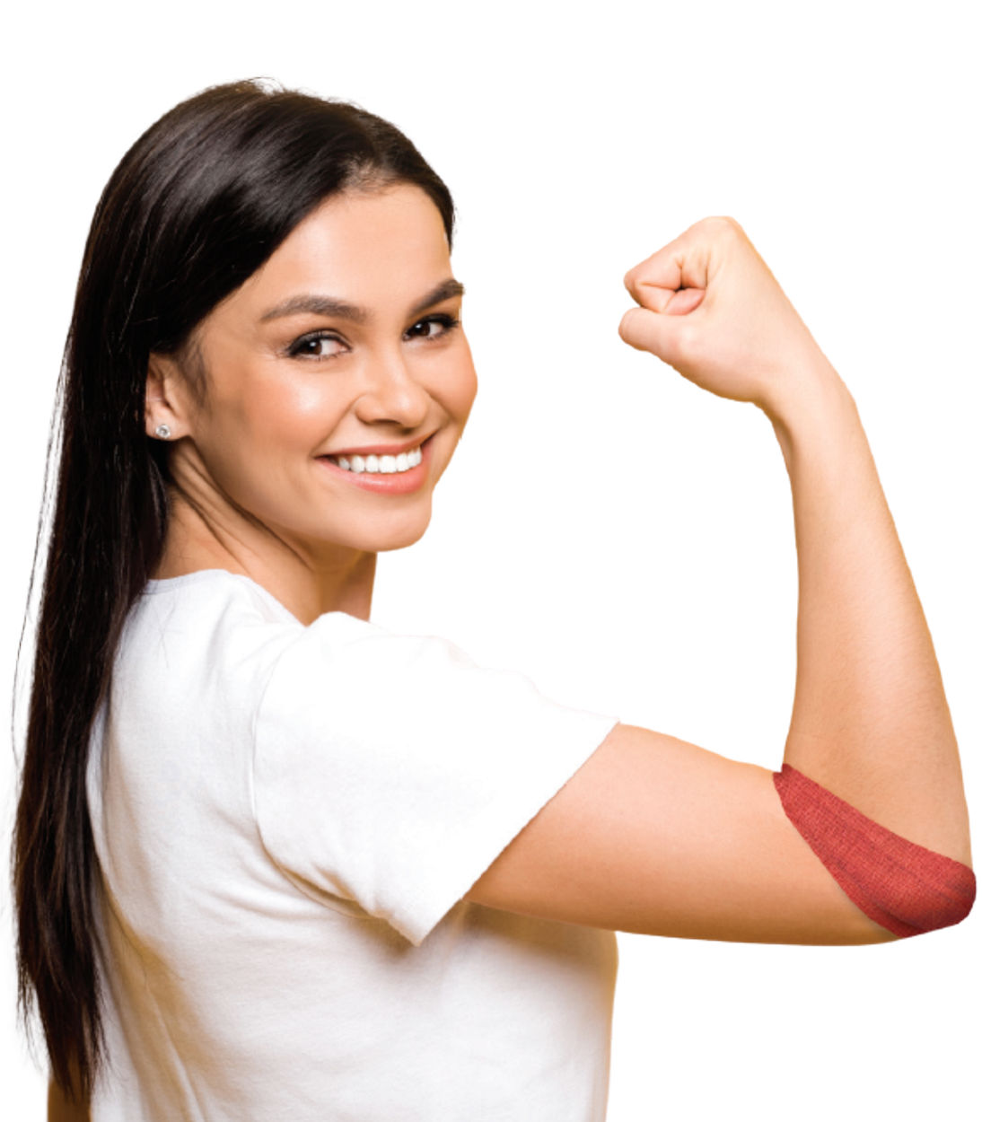 Woman flexing arm, showing off her blood donation bandage